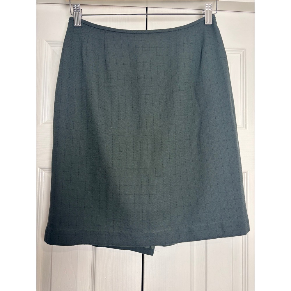 Dark Green Windowpane Grid Pencil Skirt Petite 10P Rayon Blend Lined Office